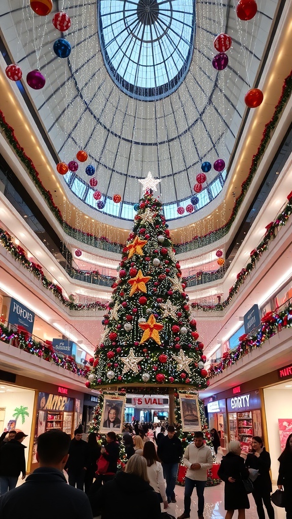A festive mall decorated for Christmas with a large tree, lights, and holiday displays.